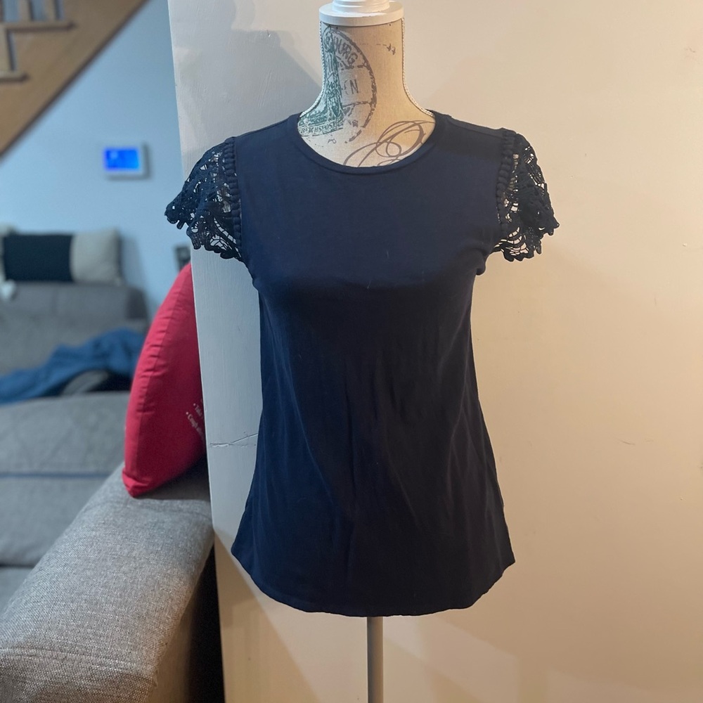 LOFT Navy Blue Tee with Lace Cap Sleeves